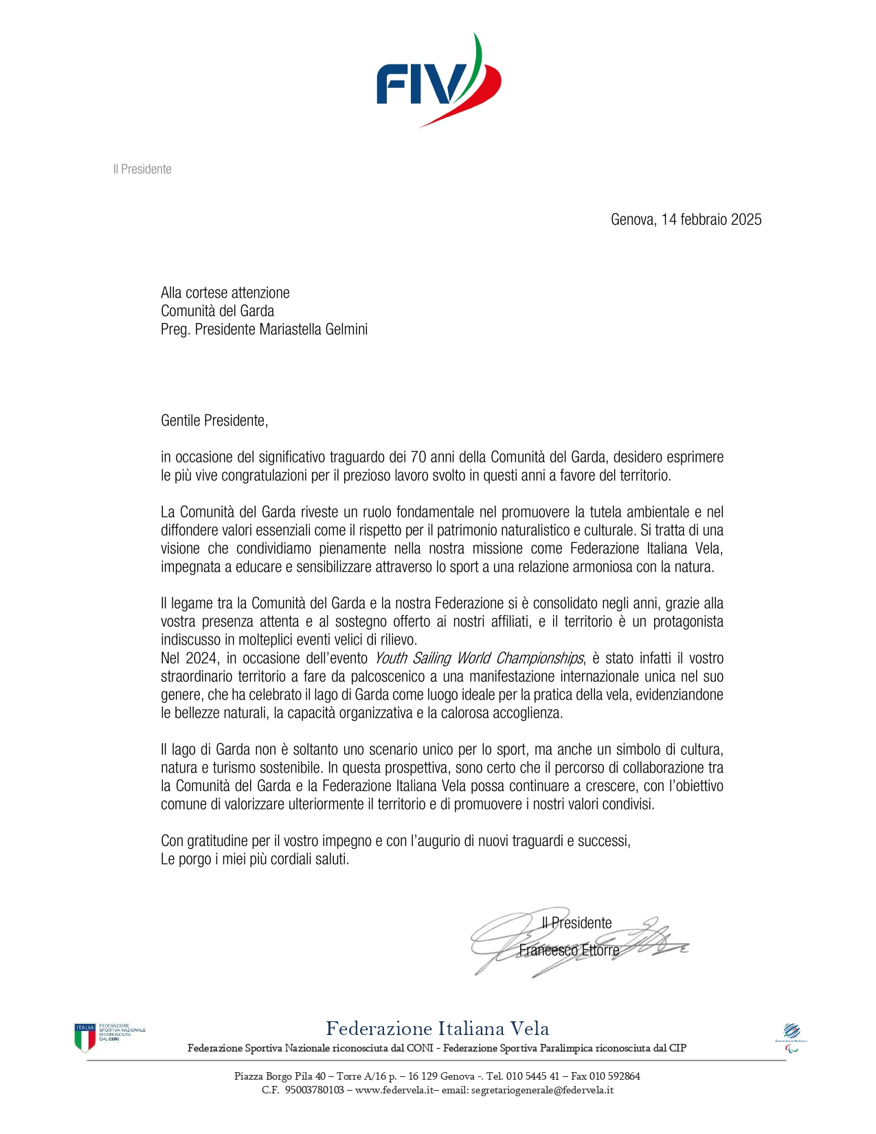 Lettera del Presidente della F.I.V.